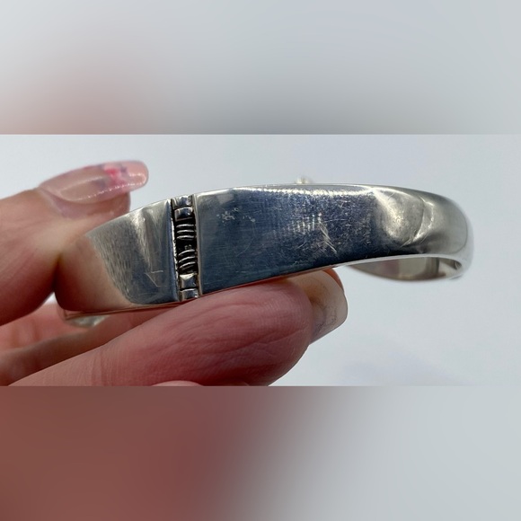 TAXCO Sterling Silver Malachite & Onyx Chevron Hinged Bracelet Stamped Mexico HP - Picture 11 of 14